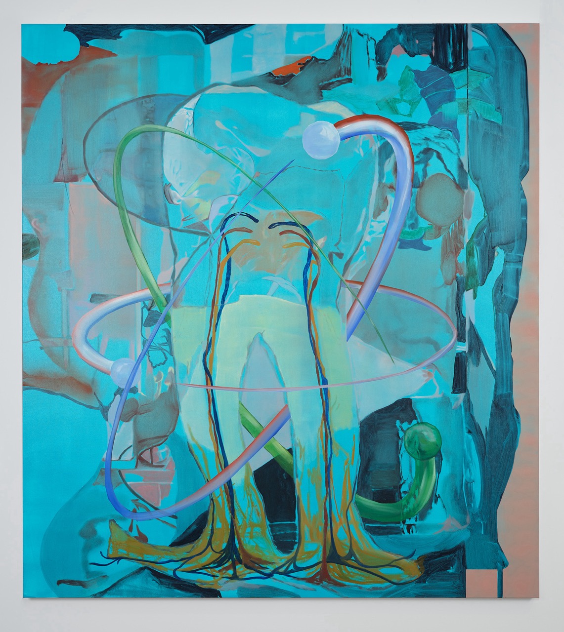 Gabriele Adomaityte, <i>Palm tree gait with multiple orbits of toothpaste</i>, 2022. Oil and acrylic on linen, 78 3/4 x 70 7/8 in (200 x 180 cm)
